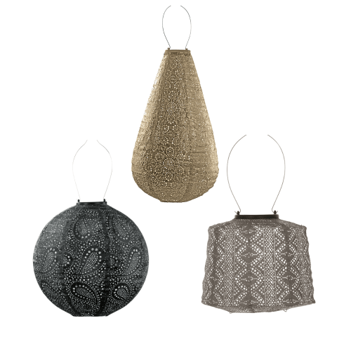 LUMIZ | Solar-lampion 3-delige set | Modellen Druppel, Lampenkap & Rond | Goud, Taupe & Grijs