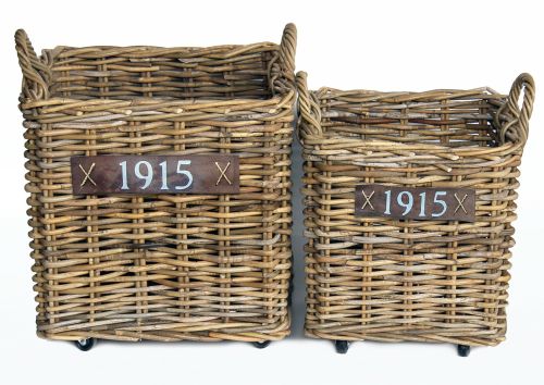 Openhaardhout manden  Rattan Grijs  | Op wielen | 50x50x45cm | 2er Set